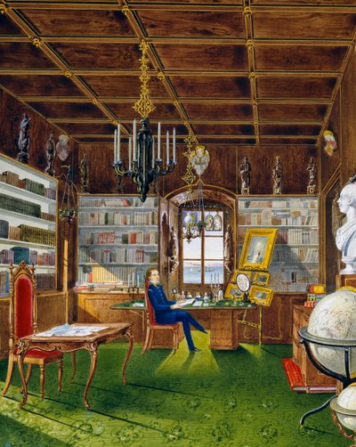 De bibliotheek in Villa Lazarovich, Triëst residentie van Maximiliaan van Habsburg door Germano Prosdocimi