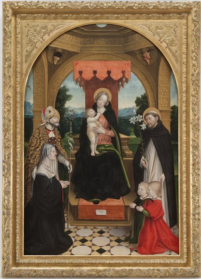 Madonna op de troon met het Kind tussen de heiligen Abbondio en Dominicus, de opdrachtgever Ludovica Buronzo en haar zonen Peter en Jerome door Gerolamo Giovenone
