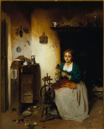 Jonge vrouw die wol spint, haar uitdrukking is verdrietig en haar interieur ellendig. Schilderij door Gerolamo (Girolamo) Induno (1825-1890). Genes Nervi, Galleria d