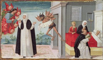 St. Catharina van Siena Bemiddelt bij Christus om de Stervende Zuster Palmerina te Bevrijden van haar Pact met de Duivel door Gerolamo di Benvenuto