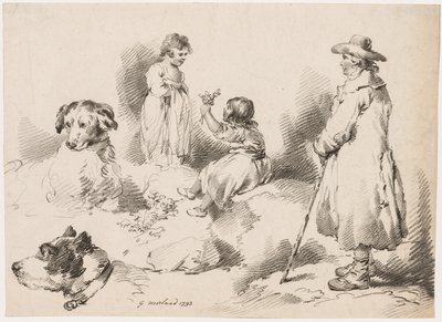 Studies van kinderen Twee kleine meisjes, twee honden, een man door Gerrard Street J. Harris Soho
