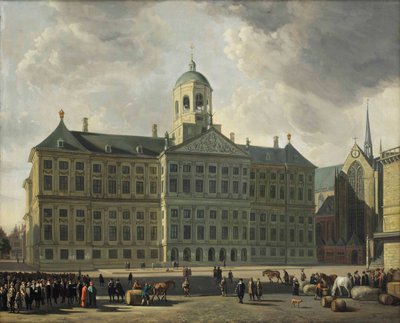 Een uitzicht op de Dam met het nieuwe stadhuis, de Nieuwe Kerk en de Waag, Amsterdam door Gerrit Adriaensz Berckheyde