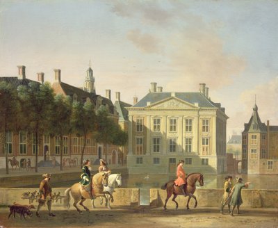 Het Mauritshuis vanaf de Langevijverburg, Den Haag, met valkenjachtpartij op de voorgrond door Gerrit Adriaensz Berckheyde