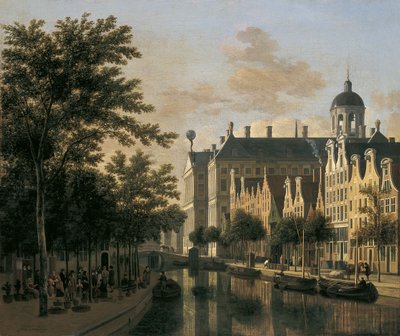 De Nieuwezijds Voorburgwal met de bloemenmarkt, Amsterdam door Gerrit Adriaensz Berckheyde