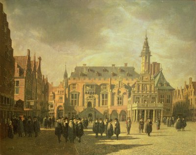 Uitzicht op het Stadhuis op de Grote Markt van Haarlem door Gerrit Adriaensz Berckheyde