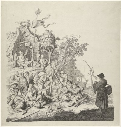 Groep Roma bij een herberg met een duiventil door Gerrit Adriaensz. de Heer