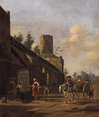 Stadsmuur van Keulen met boeren en reizigers in de buurt, de kerk van St. Pantaleon op de achtergrond door Gerrit Adriaenszoon Berckheyde