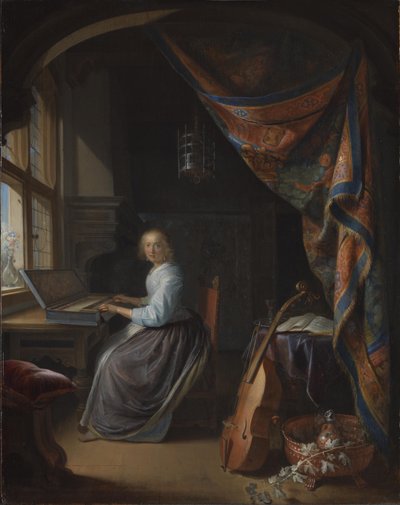 Een dame die op een klavichord speelt. door Gerrit Dou