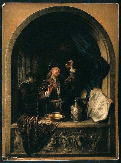Een arts onderzoekt een urinemonster van een oudere vrouw door Gerrit Dou
