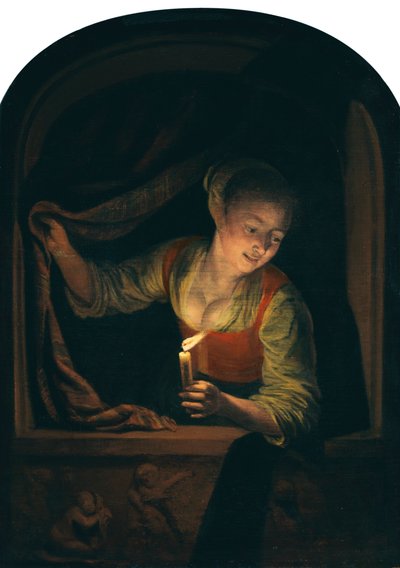 Dutch: Jonge vrouw met kaars in een venster Young Woman with a lighted Candle at a Window door Gerrit Dou