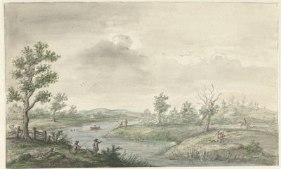Landschap met kronkelende rivier en hengelaars door Gerrit Grasdorp (possibly)