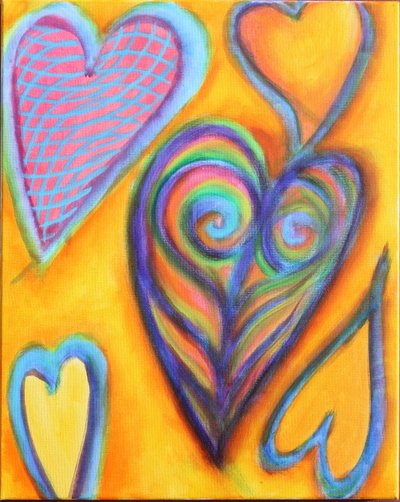Harten op geel, 2023 (acryl op doek) door Gerrit Greve