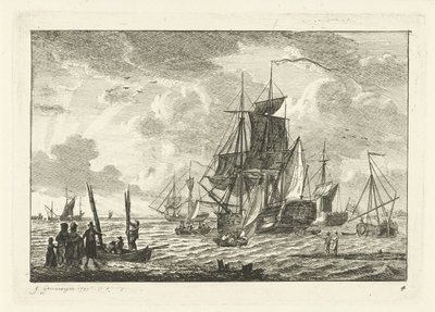 Zeegezicht met diverse schepen Diverse schepen op het water (series title) door Gerrit Groenewegen
