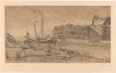 Afgemeerde schuiten bij een fabriek door Gerrit Haverkamp (signed by artist)
