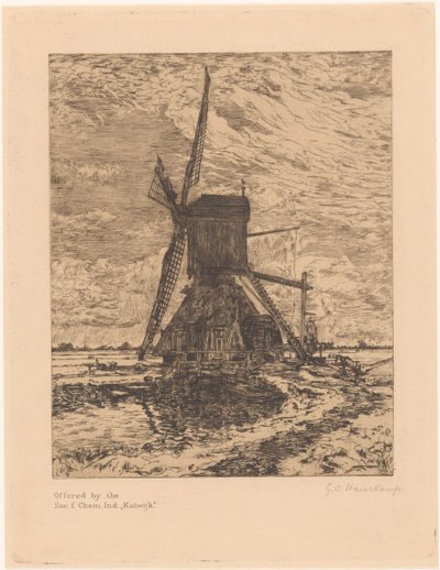 Molen in een vlak landschap door Gerrit Haverkamp (signed by artist)