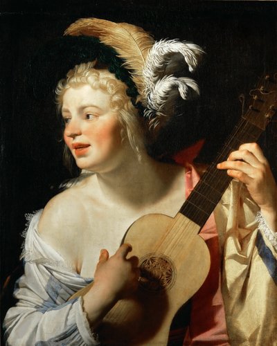 Vrouw die gitaar speelt, 1624 door Gerrit van Honthorst