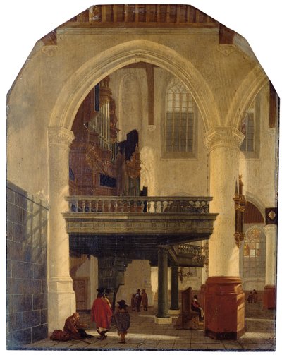 Het Westelijke Eind van de Oude Kerk, Delft, vanaf het Zuidelijke Gangpad naar het Noorden met het Orgelbalkon door Gerrit Houckgeest