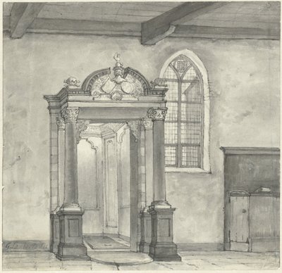 Toegang tot de kapel met de grafkelder van de Heren van Zandvoort, in de kerk te Zandvoort door Gerrit Lamberts