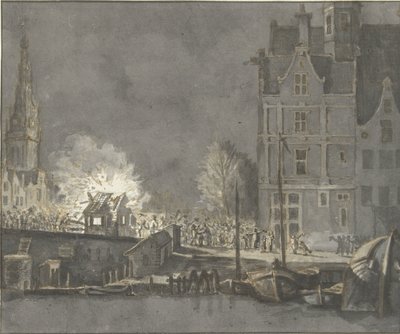 Verbranden der douanehuisjes bij de Nieuwebrug te Amsterdam door Gerrit Lamberts