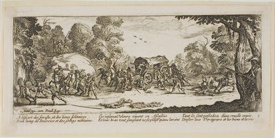 Aanval op een koets, plaat acht uit De grote ellende van de oorlog door Gerrit Lucasz van Schagen