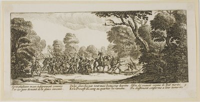 Ontdekking van de criminele soldaten, plaat negen uit De grote ellende van de oorlog door Gerrit Lucasz van Schagen