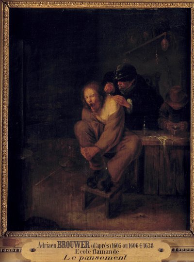 Operatie (of verband). Een chirurg verzorgt een patiënt. Schilderij door Gerrit Lundens na Adriaen Brouwer. 17e eeuw door Gerrit Lundens