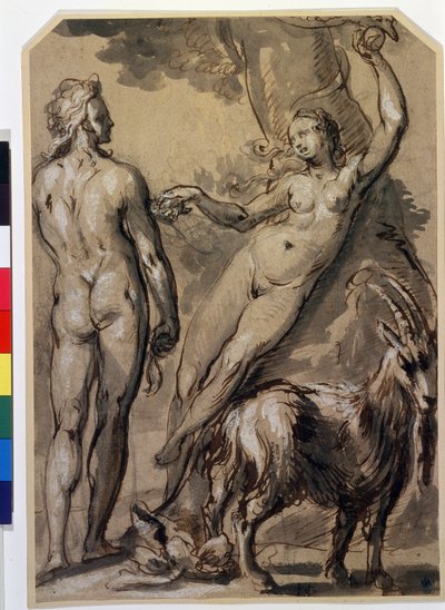 Eva plukt de verboden vrucht en geeft deze aan Adam door Gerrit Pietersz