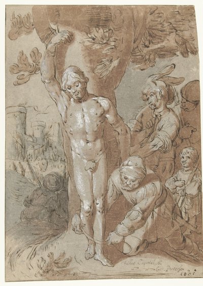 Achior wordt aan een boom gebonden door Gerrit Pietersz. Sweelink