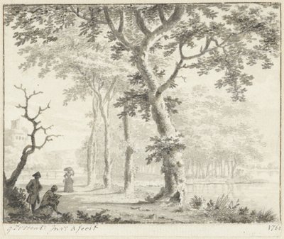 Bomen aan de waterkant en een tekenaar door Gerrit Toorenburgh
