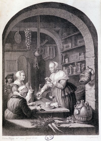Dorpskruidenier die weegt met een balans. sd. 18e eeuw door Gerrit or Gerard (after) Dou