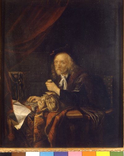 Een wantrouwige man telt zijn geld terwijl hij een beurs in zijn hand houdt. Schilderij door Gerard Dou (of Gerrit Dow) (1613-1675) 17e eeuw Milaan Museo del castello door Gerrit Dou