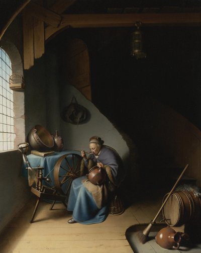 Een oudere vrouw aan haar spinnewiel, pap etend door Gerrit Dou