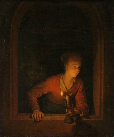 Meisje met een Olie Lamp bij een Raam door Gerrit Dou