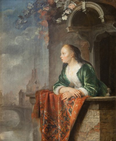Jonge vrouw op een balkon door Gerrit Dou