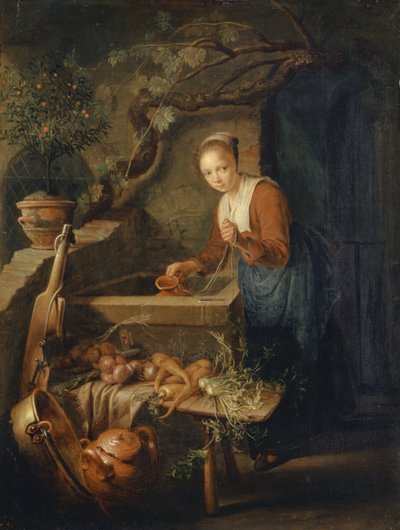 Keukenmeid bij de put, ca. 1650 door Gerrit Dou