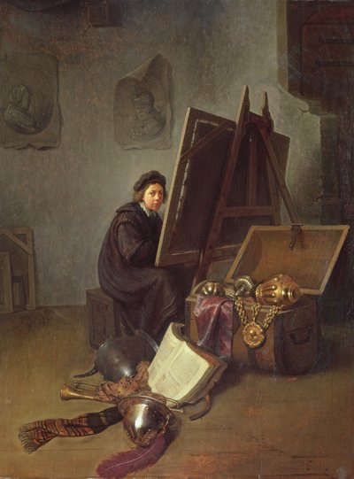 Portret van de kunstenaar aan zijn ezel in zijn atelier door Gerrit Dou