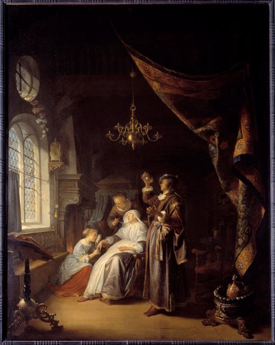 De hydropische vrouw. Een dokter onderzoekt de urine van een vrouw met waterzucht door Gerrit Dou