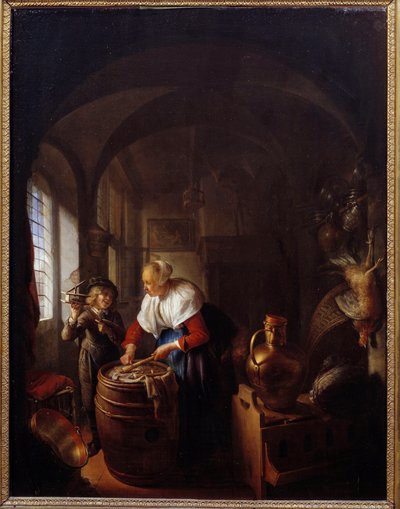 De muis. Een kind toont zijn moeder een muizenval door Gerrit Dou