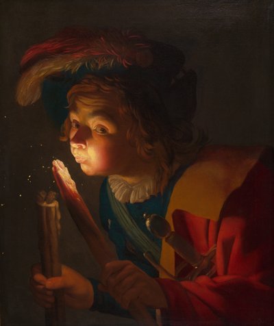 Een Jongen die op een Brandende Houtskool Blaast door Gerrit van Honthorst