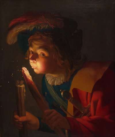 Een jongen die op een brandende tak blaast, 1621-22 door Gerrit van Honthorst