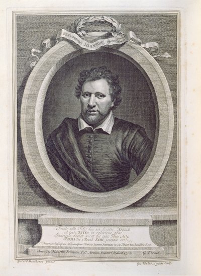 Ben Jonson (1573-1637), gegraveerd door George Vertue, 1730 door Gerrit van Honthorst