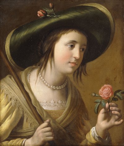 Portret van Prinses Elizabeth II van de Palts als een herderin, buste lengte, een roos vasthoudend door Gerrit van Honthorst