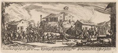 Plunderen en verbranden van een dorp door Gerrit van Schagen after Jacques Callot