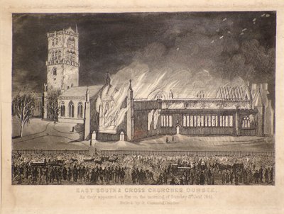 Oost-, Zuid- en Kruiskerken, Dundee, zoals ze in brand stonden op zondag 3 januari 1841 door Gershom Gourlay Cumming