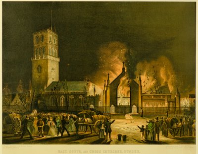 Oost-, Zuid- en Kruiskerken, Dundee [zoals ze verschenen in brand op de ochtend van zondag 3 januari 1841] door Gershom Gourlay Cumming