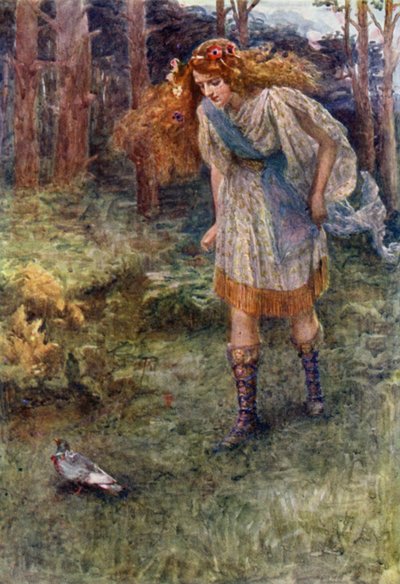 "En altijd als ze naderde, zou de duif een beetje vooruit fladderen" door Gertrude E. Demain (after) Hammond