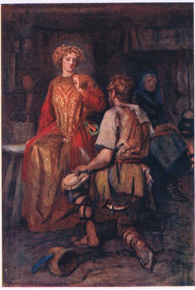 "Vaak bracht hij wilde vruchten uit het bos, waarvan de zijkanten purperrood glimlachten!", Verhalen uit de Faerie Queen gepubliceerd door George Harrap and Company door Gertrude E. Demain (after) Hammond