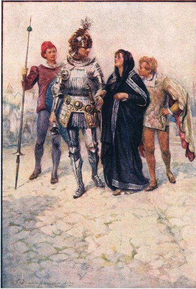 Prins Arthur leidt Belge en haar zonen het kasteel binnen, verhalen uit de Faerie Queen uitgegeven door George Harrap and Company door Gertrude E. Demain (after) Hammond