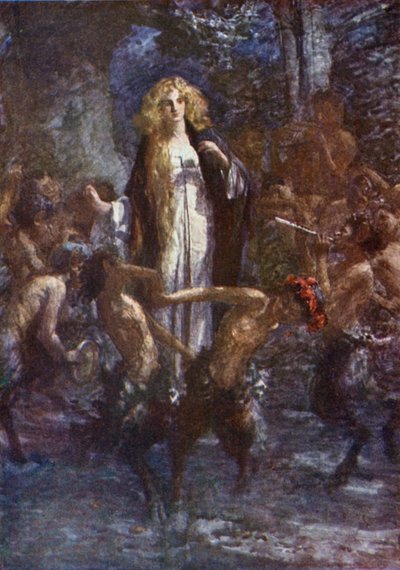 "De Satyrs dansten vrolijk om haar heen" (kleur litho) door Gertrude E. Demain (after) Hammond