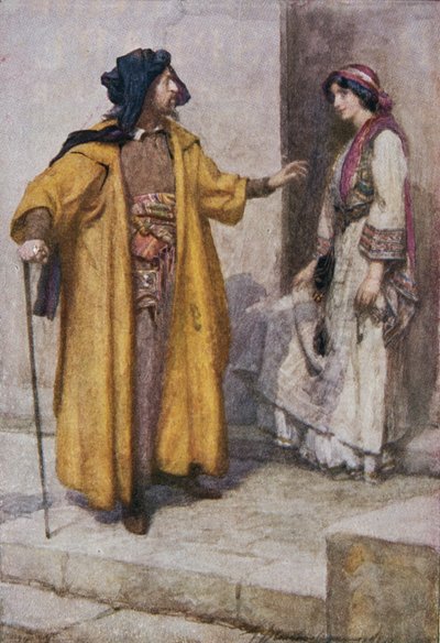 Shylock gaf haar zijn sleutels en beval haar het huis te bewaken, illustratie uit 